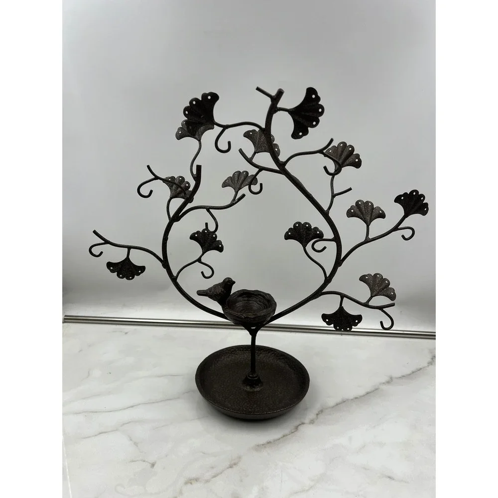 Cast Iron Jewelry Tree Stand Ginkgo Leaf Bird Nest Organizer Bronze Tone 12.5in